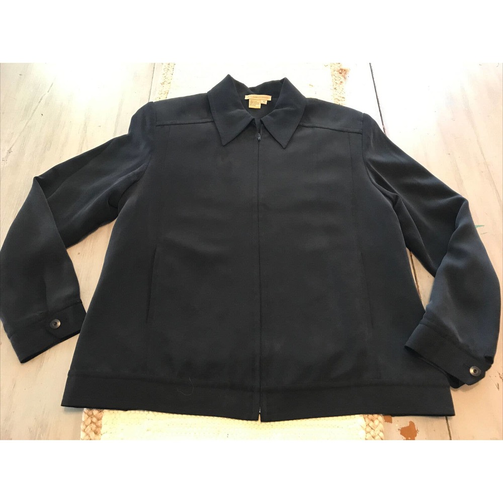 AJ Christopher Black Silk Long Sleeve Zip Up Blazer Jacket Sz 10 Shoulder Pads